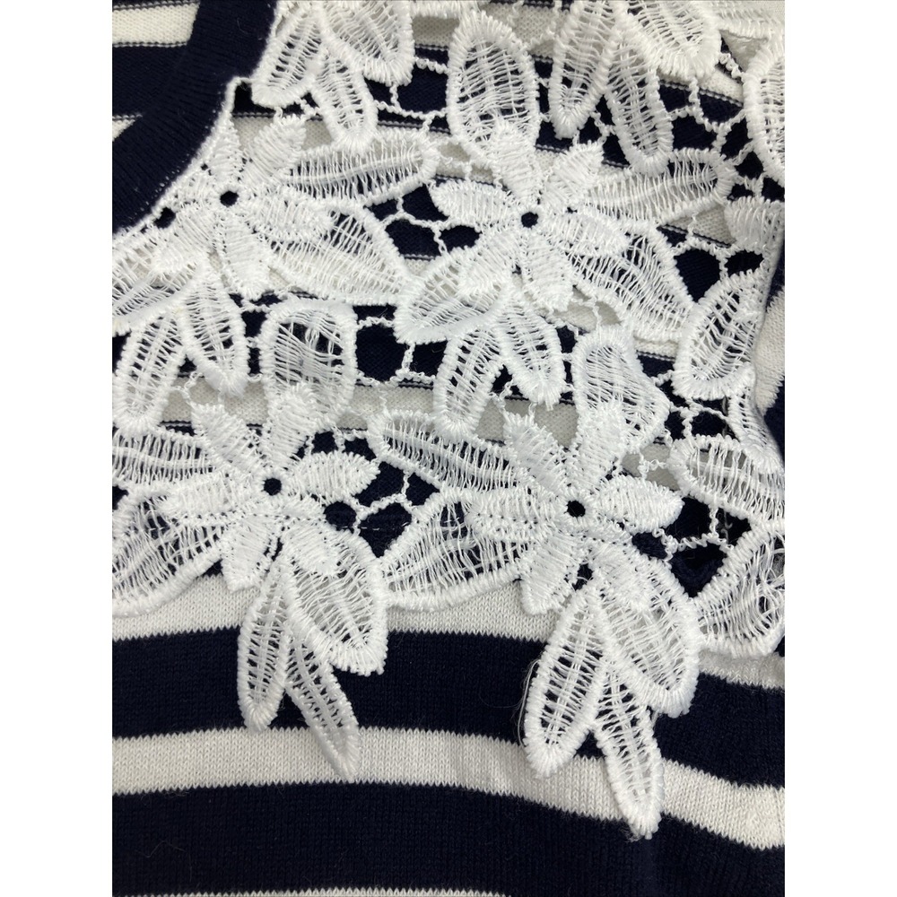 August Silk Heritage Cardigan Women L Navy Blue Striped Lace Applique Nautical - Picture 3 of 7